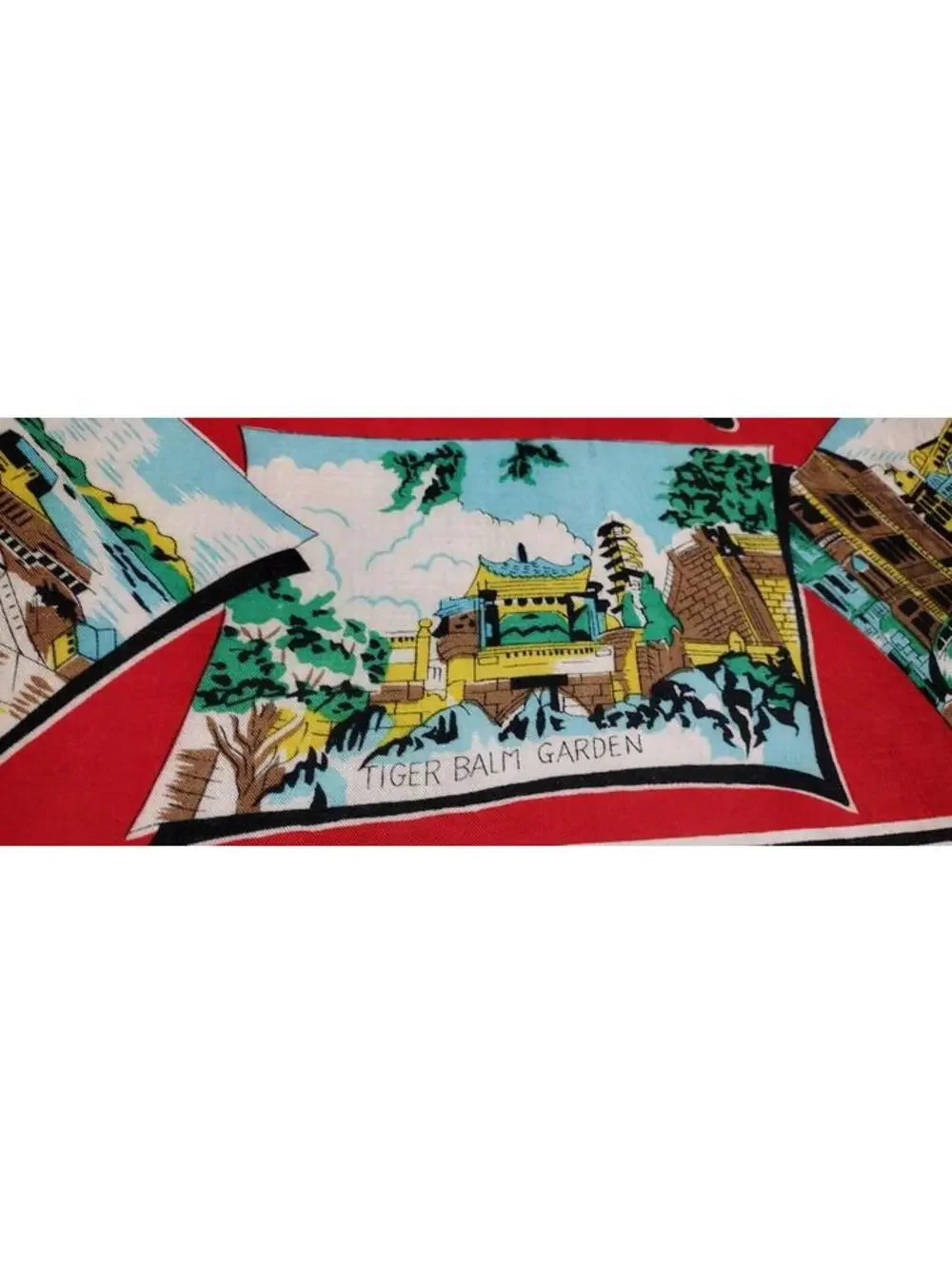 Vintage 1940s 50s Green Dragon Scarf HONG KONG Bably Blue Chinese Red Landscapes